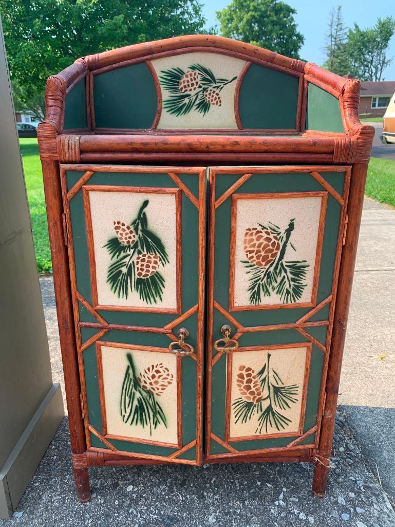 Small Hand Painted Wood & Bamboo Cabinet w/Double Doors. This is 30" T x 20" W x 14" D - As Pictured