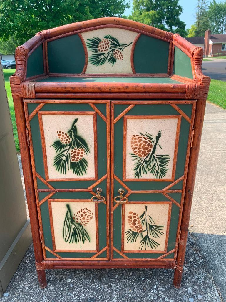 Small Hand Painted Wood & Bamboo Cabinet w/Double Doors. This is 30" T x 20" W x 14" D - As Pictured