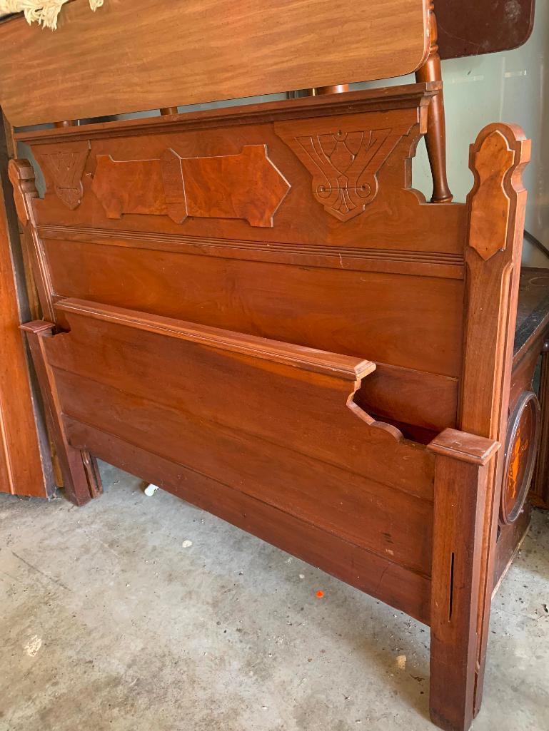 Antique Wood Headboard (48" T x 58" W), Footboard (31" T x 58" W) & Rails - As Pictured