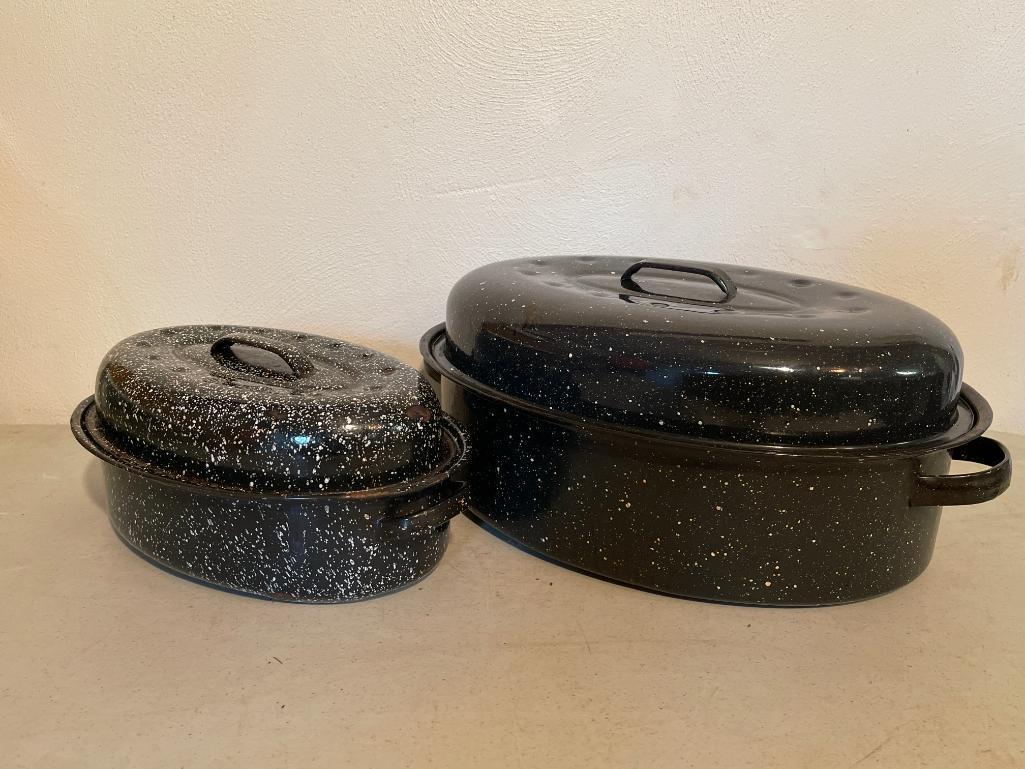 Graniteware Roaster & Dutch Oven. The Largest is 8" T x 16" W x 13" D - As Pictured