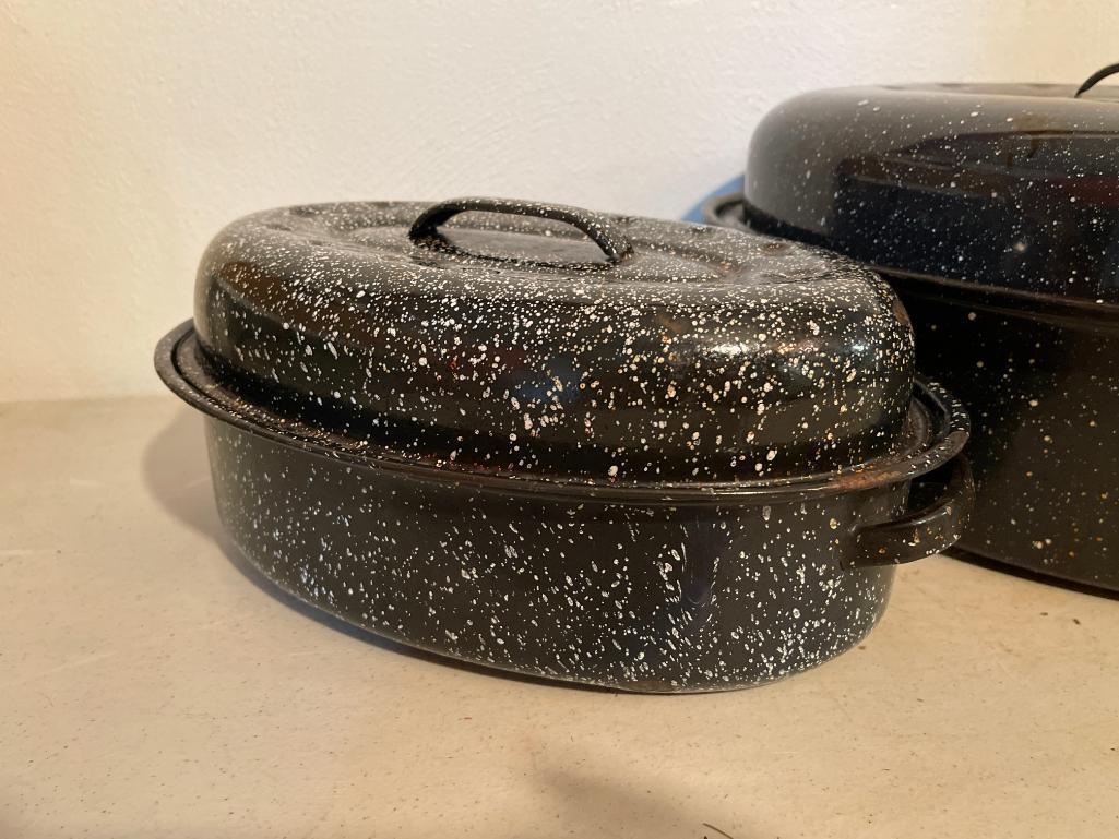 Graniteware Roaster & Dutch Oven. The Largest is 8" T x 16" W x 13" D - As Pictured