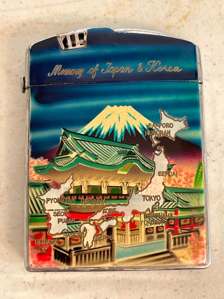 Vintage Metal Cigarette Case/Lighter Combo "Memory of Japan & Korea". Has Some Paint Chipping