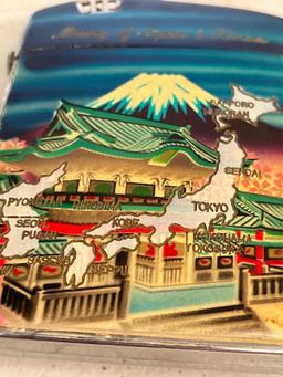 Vintage Metal Cigarette Case/Lighter Combo "Memory of Japan & Korea". Has Some Paint Chipping