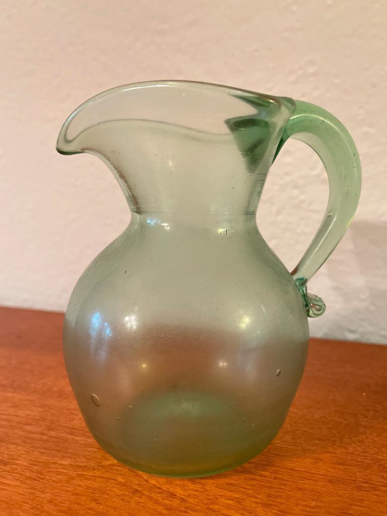 Cute Green Glass Heart Top Pitcher w/Applied Handle. This is 5.5" Tall - As Pictured