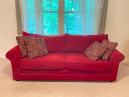 Burgundy Sofa Corduroy Style Material by Sofa Express. Gently Used. This is 30" T x 87" L x 39" D