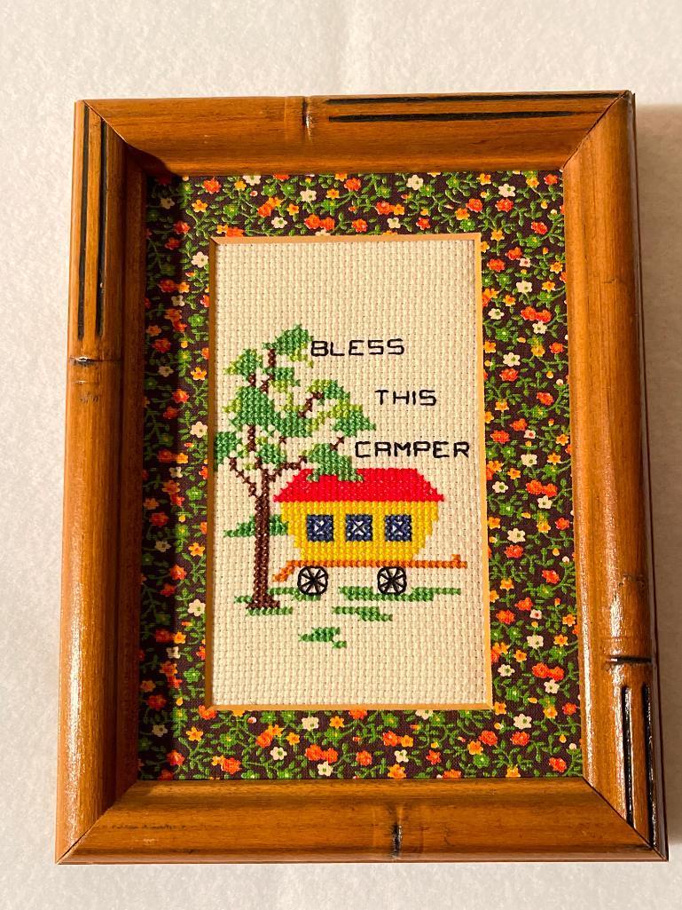5" x 7" Framed Cross Stich "Bless This Camper" Sign - As Pictured