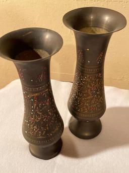 Pair of Etched Metal Vases. They are 9" Tall & Base on One is Bent - As Pictured
