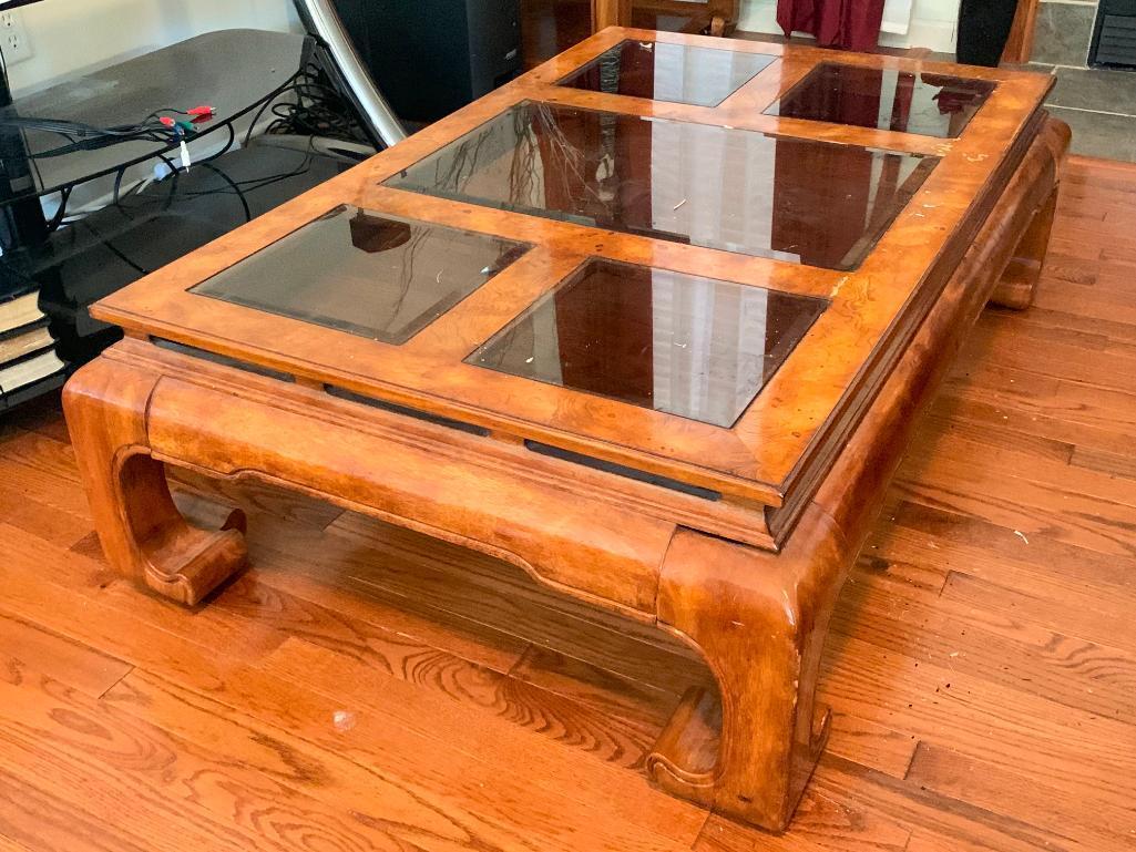 Wood Glass Top Coffee Table. This is 16" T x 49" W x 30" D - As Pictured