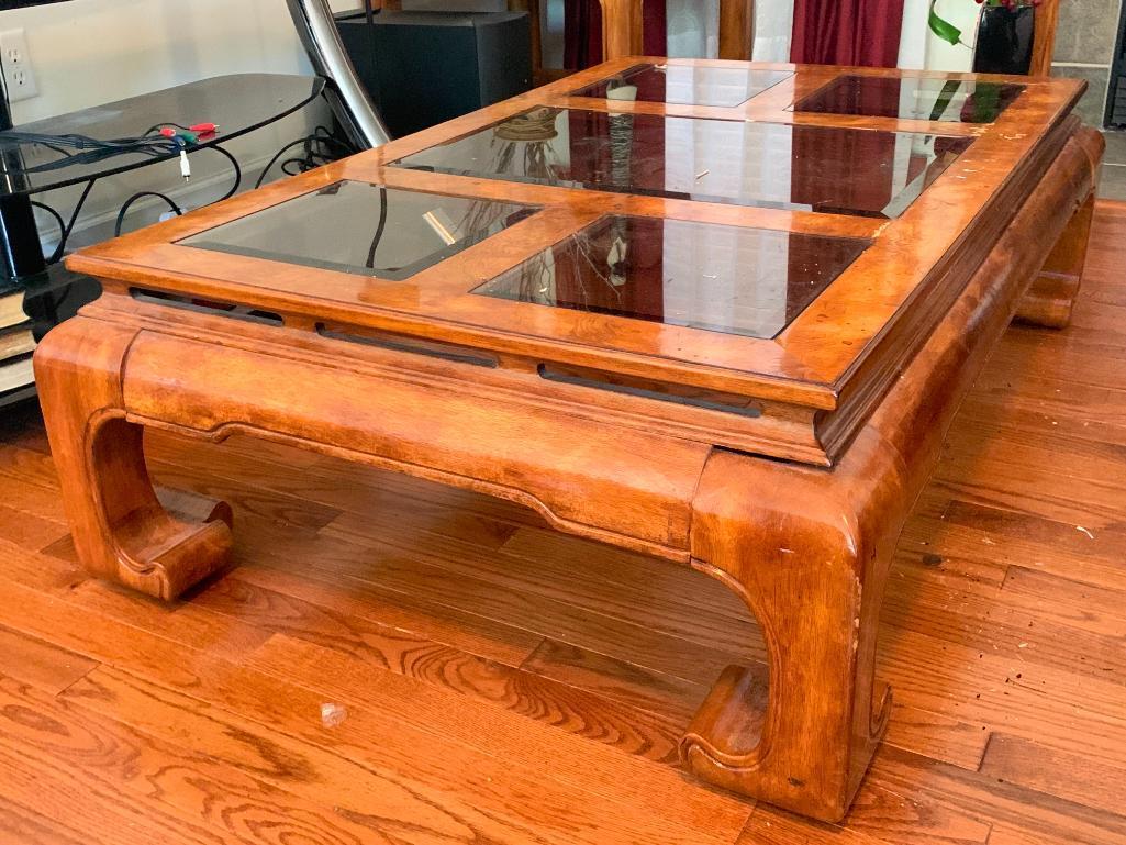 Wood Glass Top Coffee Table. This is 16" T x 49" W x 30" D - As Pictured