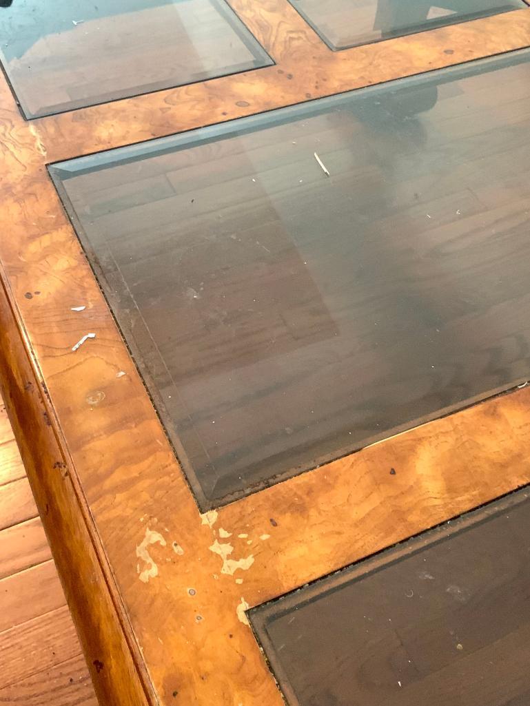 Wood Glass Top Coffee Table. This is 16" T x 49" W x 30" D - As Pictured