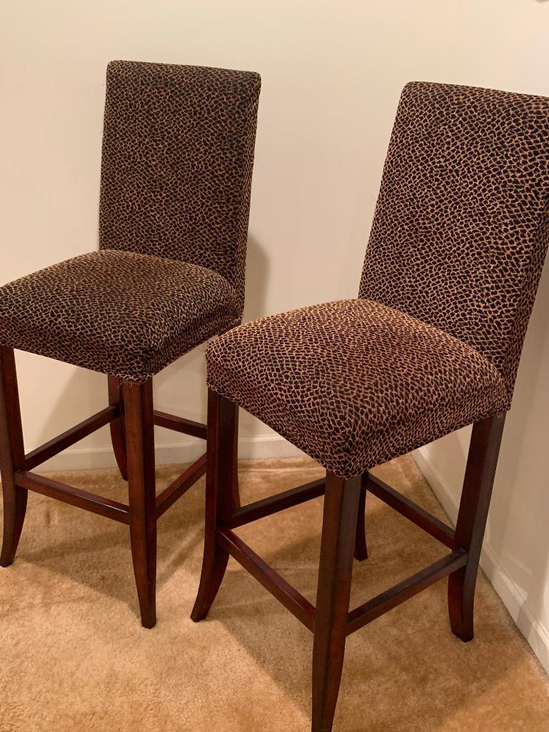 Very Nice Pair of Leopard Print Bar Stools. They 49" T x 18" W - As Pictured