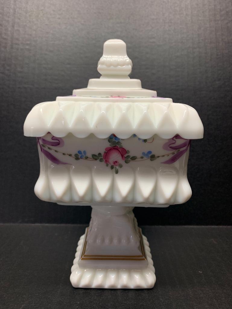 8" Tall Hand Painted Raised Milk Glass Lidded Candy Dish - As Pictured