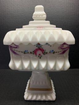 8" Tall Hand Painted Raised Milk Glass Lidded Candy Dish - As Pictured