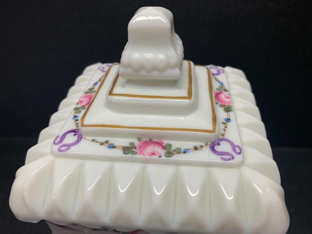 8" Tall Hand Painted Raised Milk Glass Lidded Candy Dish - As Pictured