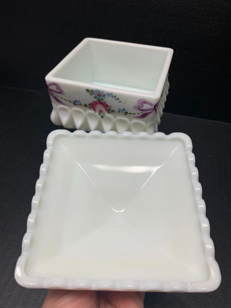 8" Tall Hand Painted Raised Milk Glass Lidded Candy Dish - As Pictured