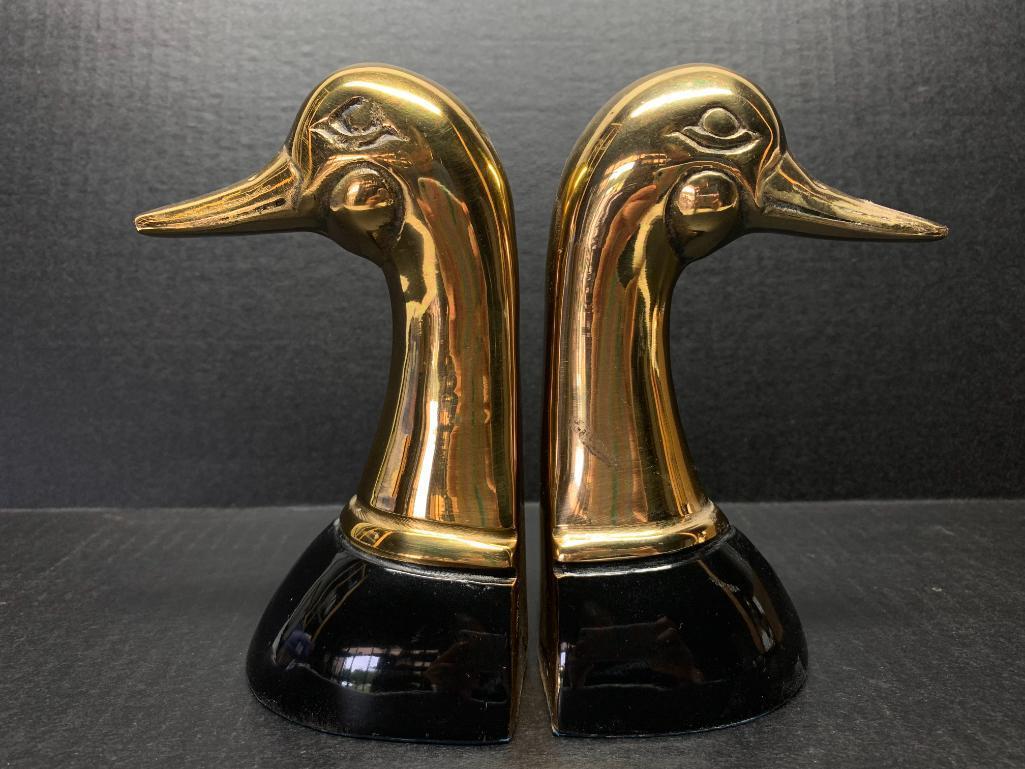 Pair of 6" Tall Brass Duck Head Bookends - As Pictured