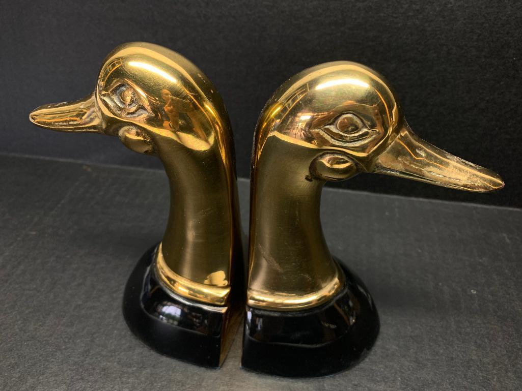 Pair of 6" Tall Brass Duck Head Bookends - As Pictured