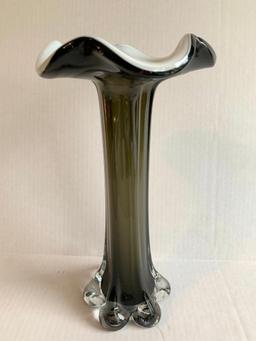 Black & White Ruffled Top Glass Vase. This is 11" Tall - As Pictured