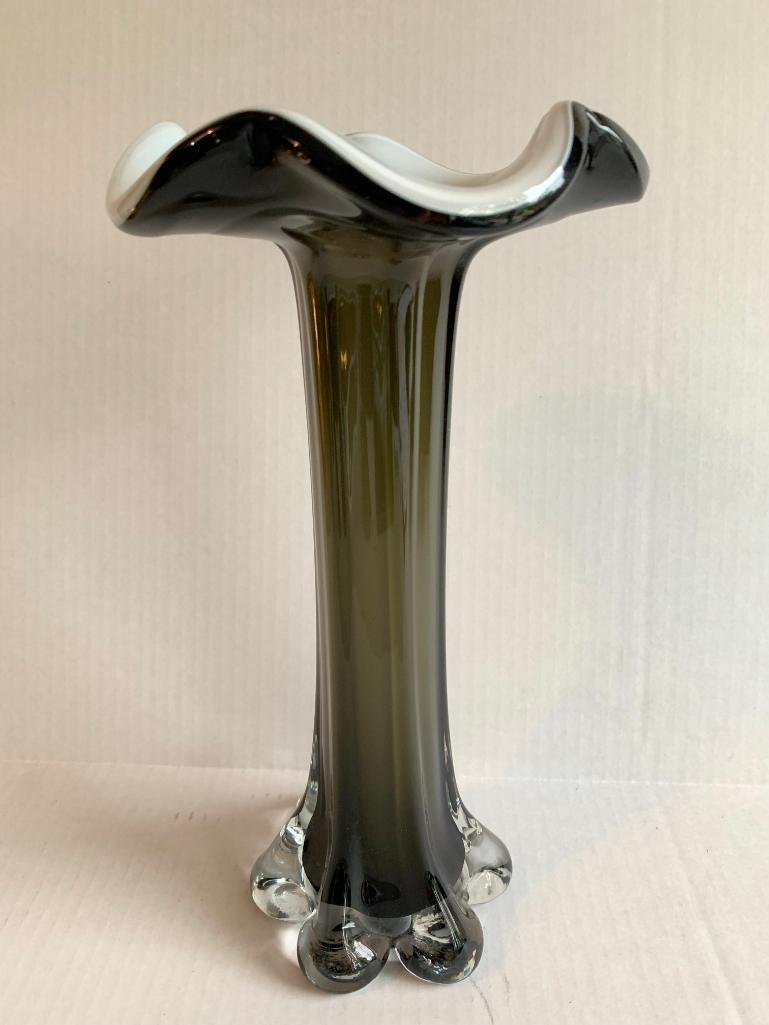 Black & White Ruffled Top Glass Vase. This is 11" Tall - As Pictured