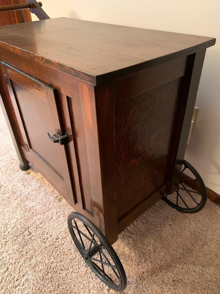 Antique Rolling Wood Bar Cart. This is 30" T x 42" W x 17" D - As Pictured