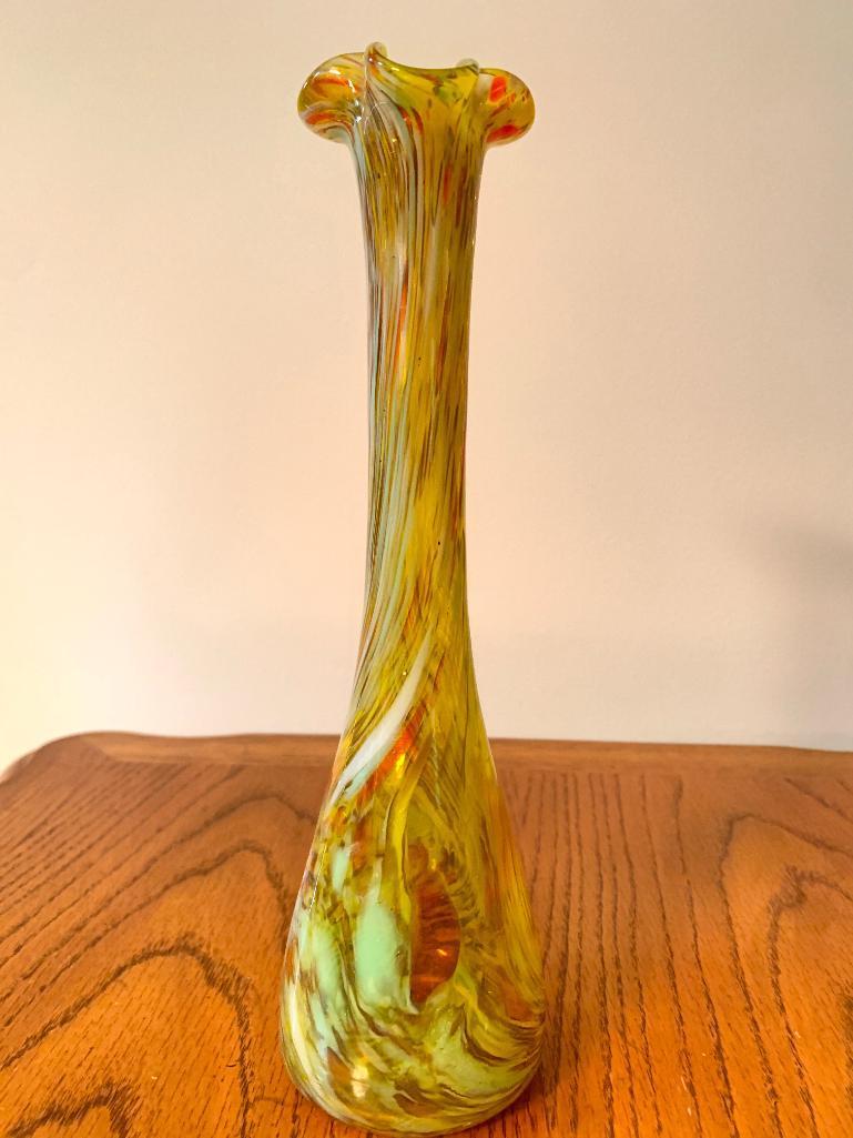 10" Hand Blown Ruffle Top Glass Vase. - As Pictured