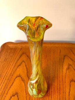 10" Hand Blown Ruffle Top Glass Vase. - As Pictured