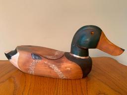 Hand Painted Wood Duck Decoy. This is 6" T x 14" W. No Signature- As Pictured