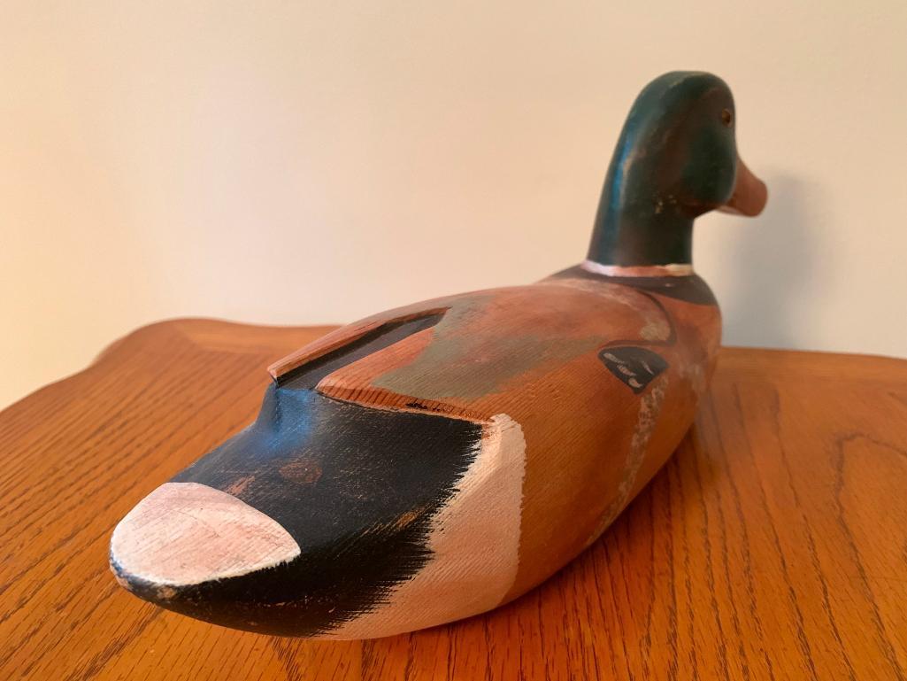 Hand Painted Wood Duck Decoy. This is 6" T x 14" W. No Signature- As Pictured