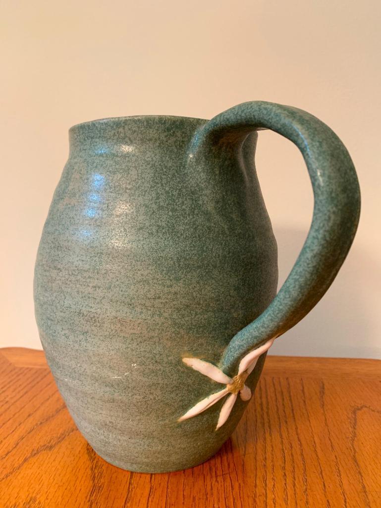 8" Studio Pottery Pitcher w/Daisy Detail. - As Pictured