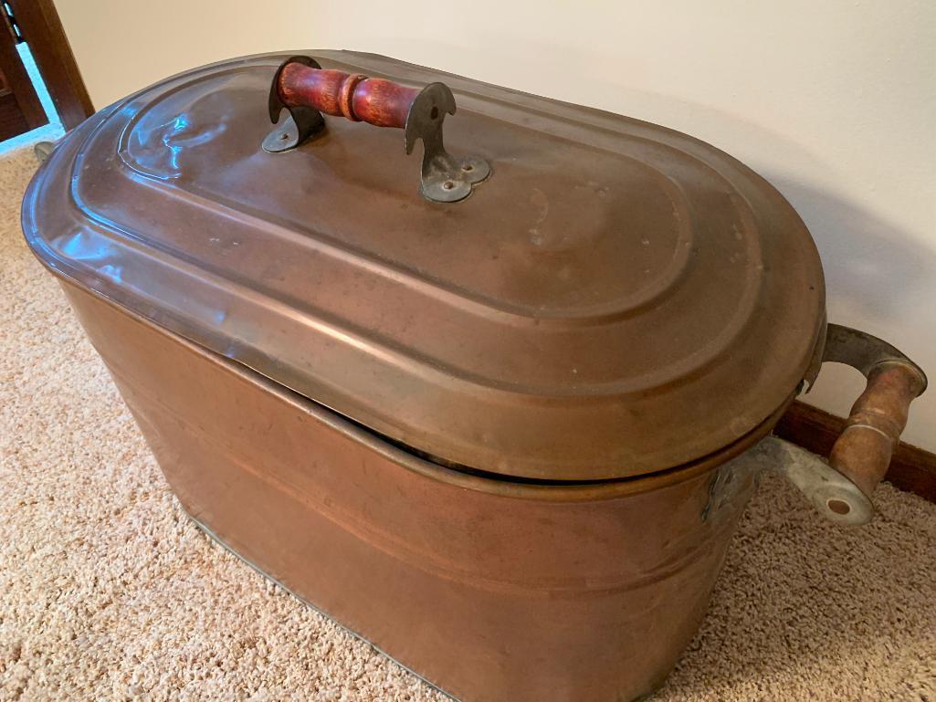 Antique Copper Boiler Wash Tub. Has Some Patina. Good Condition. This is 15" T x 28" W x 13" D