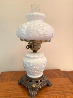 19" Ornate Milk Glass & Brass Electric Oil Lamp. - As Pictured