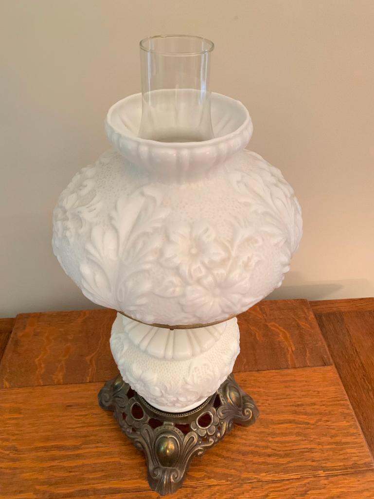 19" Ornate Milk Glass & Brass Electric Oil Lamp. - As Pictured