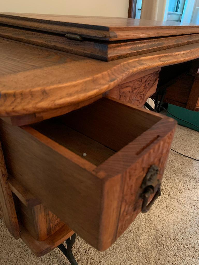 Beautiful Antique Wood Carved & Metal Sewing Stand. This is 31" T x 34" W x 19" D - As Pictured