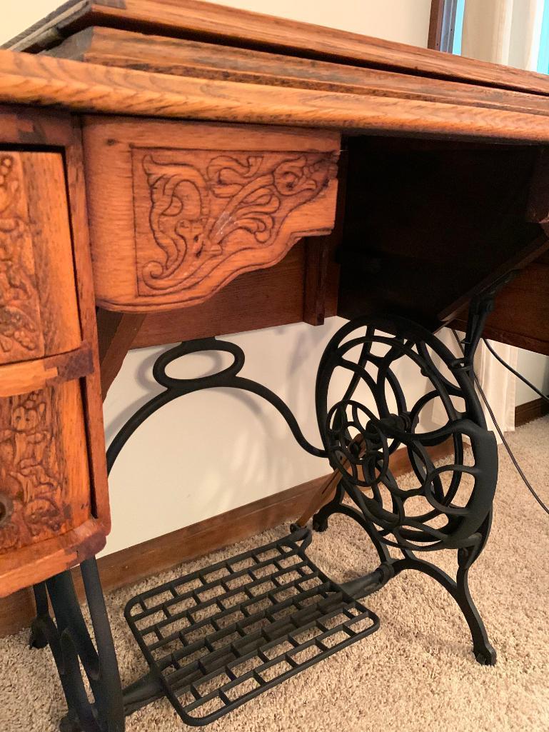 Beautiful Antique Wood Carved & Metal Sewing Stand. This is 31" T x 34" W x 19" D - As Pictured