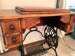 Beautiful Antique Wood Carved & Metal Sewing Stand. This is 31" T x 34" W x 19" D - As Pictured