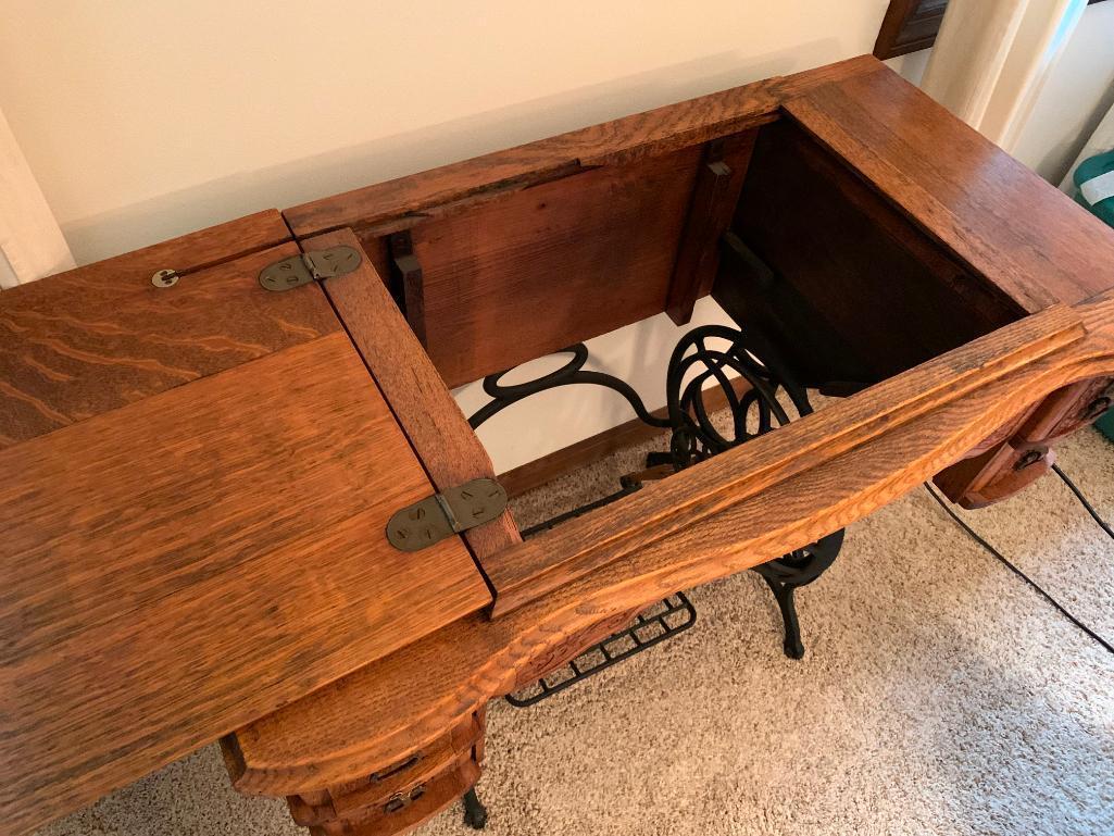 Beautiful Antique Wood Carved & Metal Sewing Stand. This is 31" T x 34" W x 19" D - As Pictured