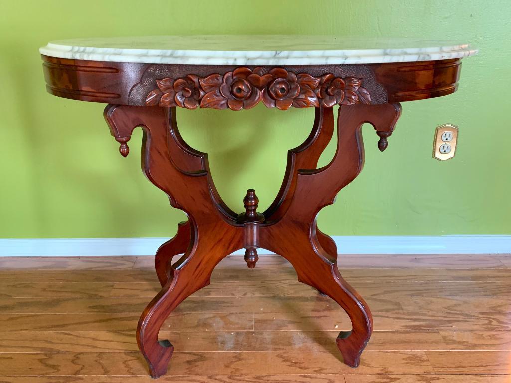 Antique Wood Carved Base w/Marble Top Table. This is 28" T x 34" W x 22" D - As Pictured