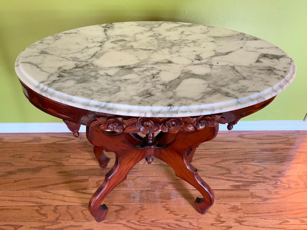 Antique Wood Carved Base w/Marble Top Table. This is 28" T x 34" W x 22" D - As Pictured