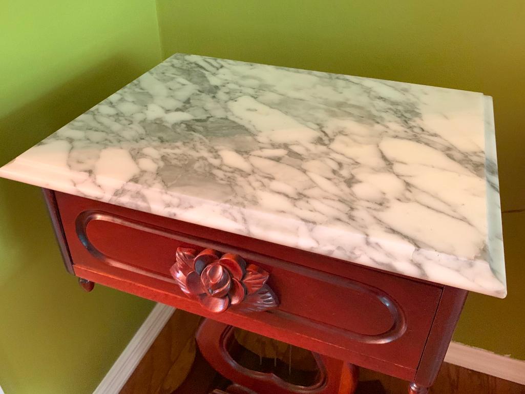 Antique Wood Carved Base w/Marble Top & Drawer Side Table. This is 28" T x 18" W x 14" D