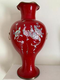 12" Oriental Metal Vase w/Mother of Pearl Detail. -As Pictured