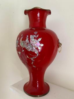 12" Oriental Metal Vase w/Mother of Pearl Detail. -As Pictured