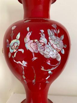 12" Oriental Metal Vase w/Mother of Pearl Detail. -As Pictured