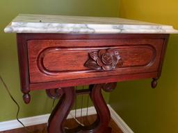 Antique Wood Carved Base w/Marble Top & Drawer Side Table. This is 28" T x 18" W x 14" D