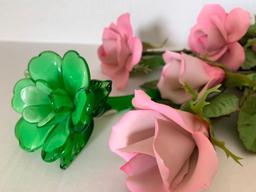 8 Porcelain Roses Made in Italy & 1 Green Crystal Flower Made in China - As Pictured