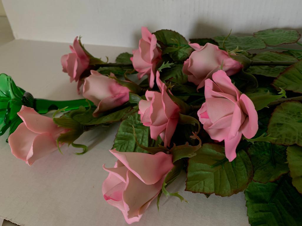 8 Porcelain Roses Made in Italy & 1 Green Crystal Flower Made in China - As Pictured