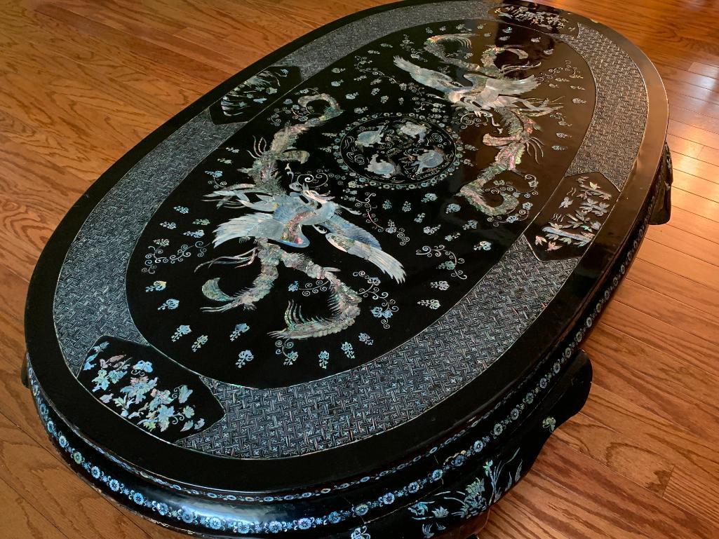 Oriental Style Coffee Table w/Intricate Detail of Mother of Pearl & Abalone Inlay. - As Pictured