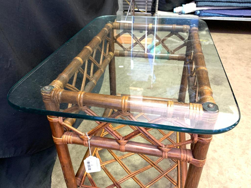 Rattan & Glass Side Table. This is 22" T x 30" L x 20" W - As Pictured