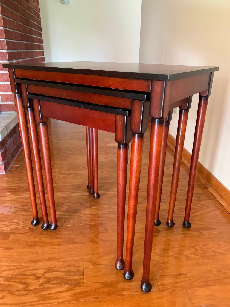 Set of 3 Bombay Co Wood Nesting Tables. The Tallest is 26" T x 23" W x 16" D