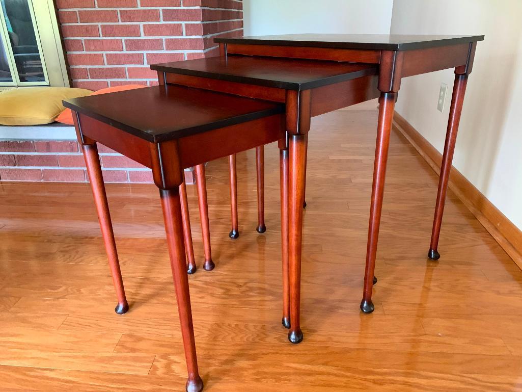 Set of 3 Bombay Co Wood Nesting Tables. The Tallest is 26" T x 23" W x 16" D