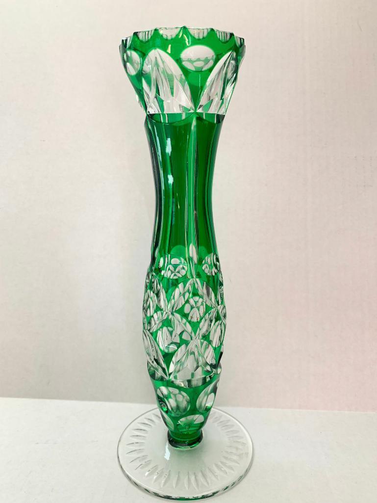 10" Tall Green & Clear Glass Vase